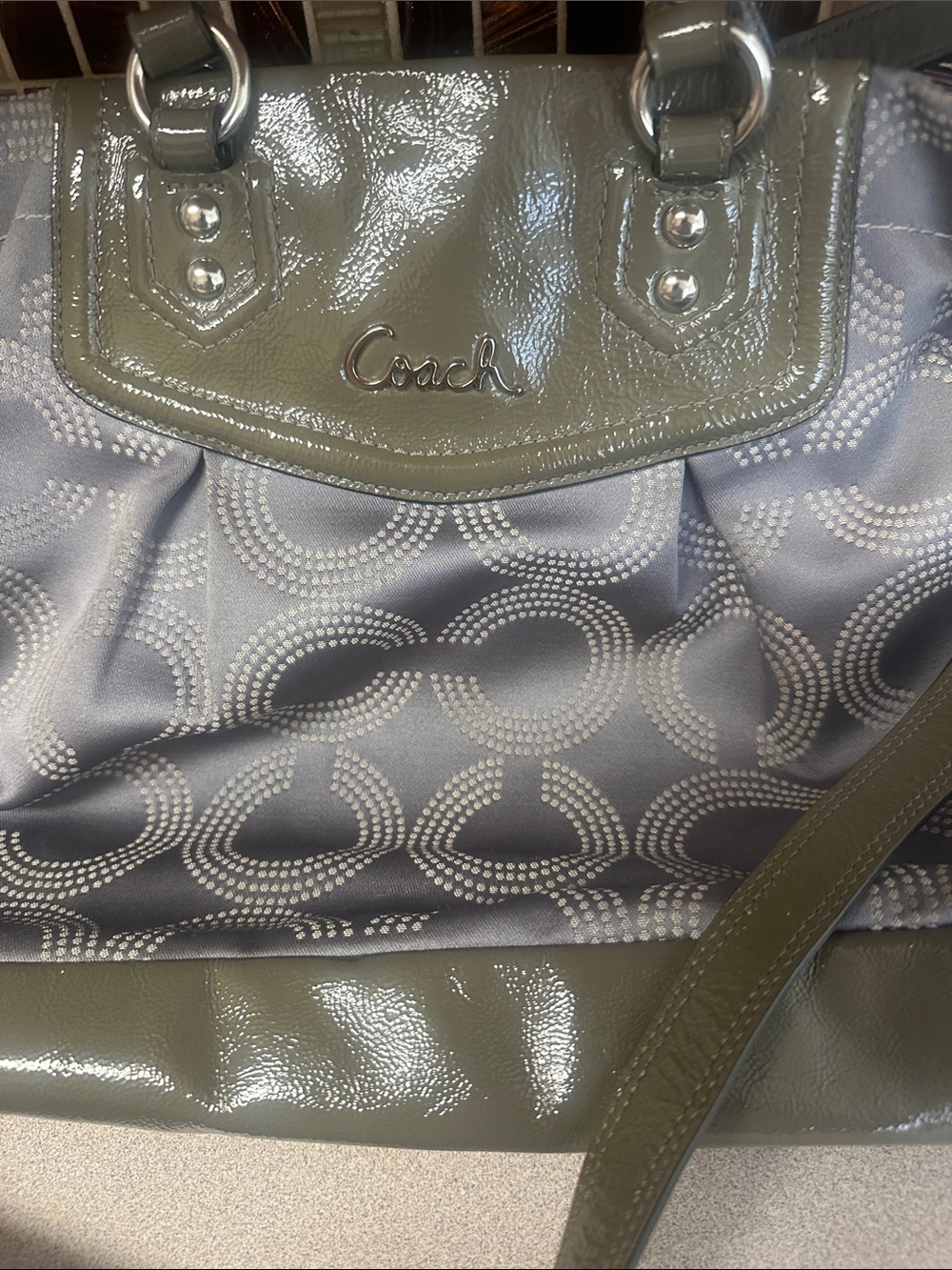 Coach and Four Grey Patent Leather Shoulder Tote with Signature Jacquard